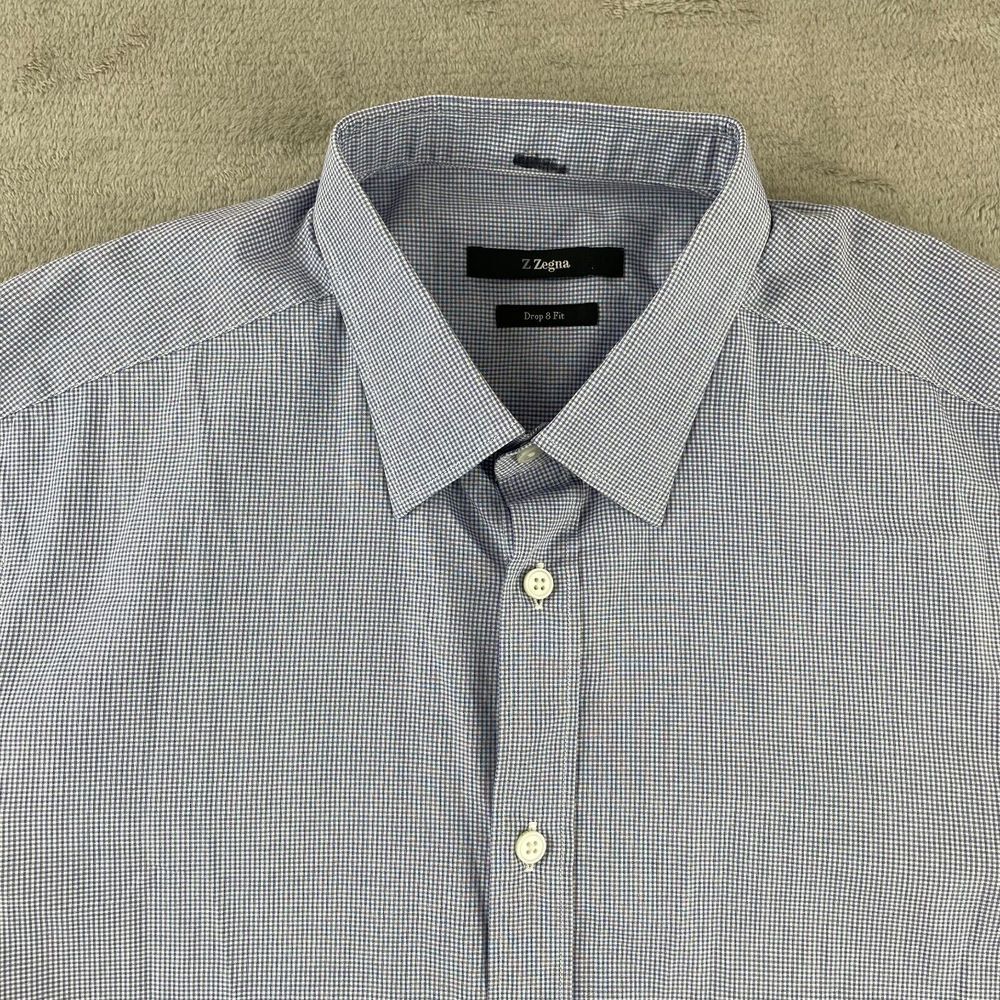 Z Zegna Shirt Men 16.5 42 Blue White Gingham Check Drop 8‎ Fit Long Sleeve